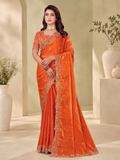 Burnt Orange Fendy Satin Embroidered Saree with Fully Stitched Heavy Sequin Work Blouse
