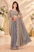Smoky Grey Fendy Satin Embroidered Saree with Fully Stitched Heavy Sequin Work