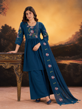 Teal Blue Anarkali-Style Short Kurta Sharara Set with Floral Embroidered Yoke