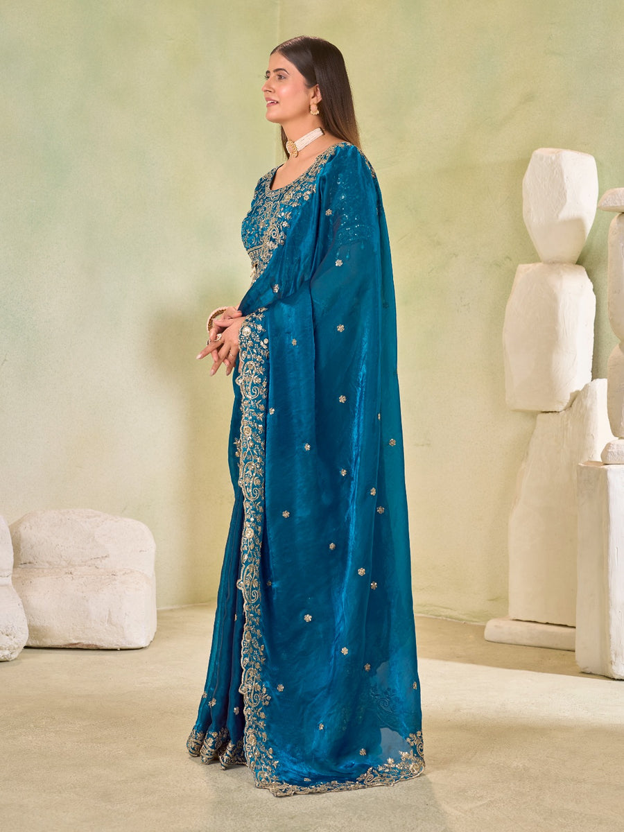 Teal Blue Fendy Satin Embroidered Saree with Stitched Sequin Blouse