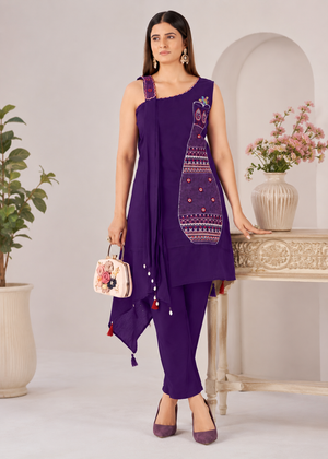 Royal Purple Asymmetric Kutchi Bharat Kurta Pant Set