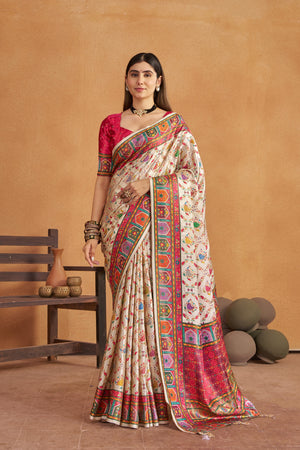 Off White Satin Silk Patola Saree