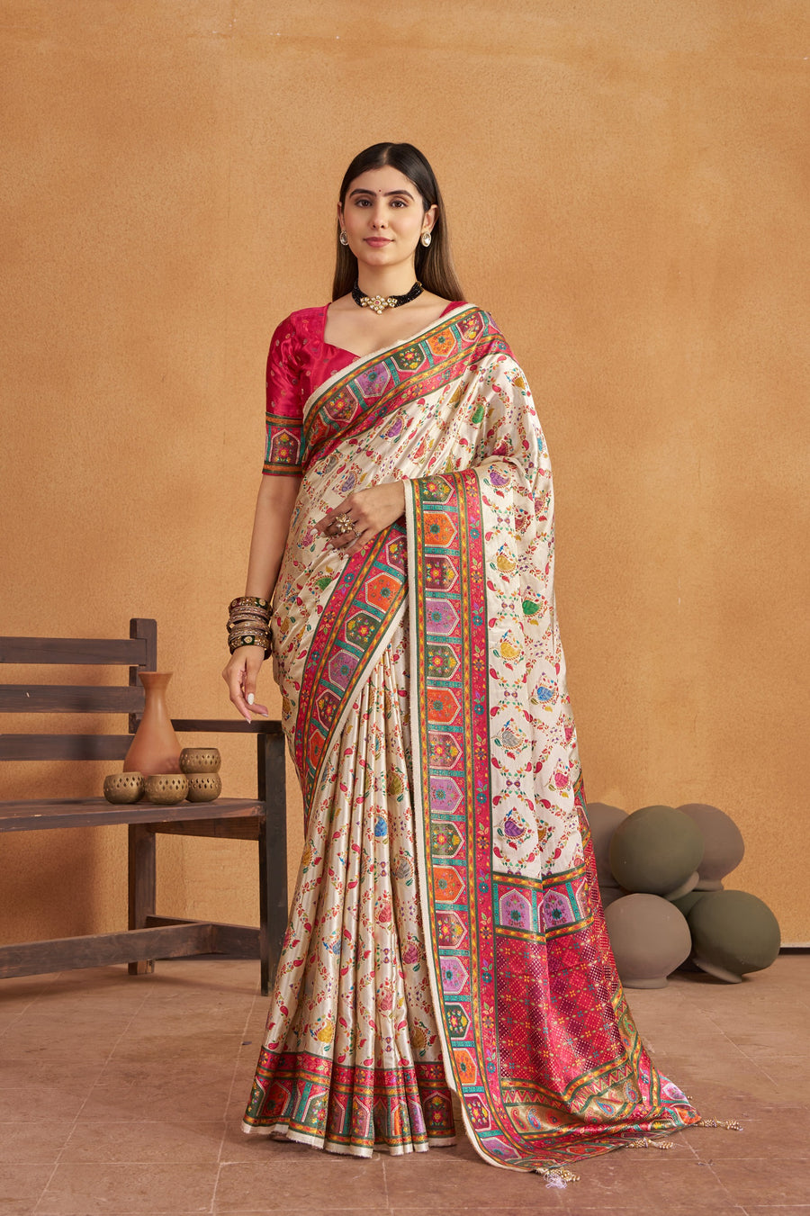 Off White Satin Silk Patola Saree