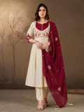 Cream and Maroon Roman Glass Silk Embroidered Anarkali Set with Dupatta.