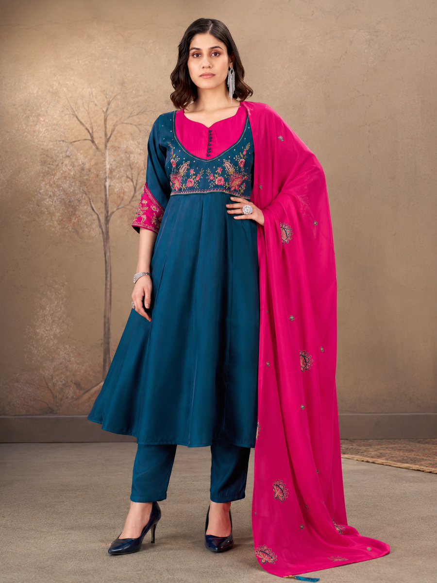 Teal Blue and Rani Pink Roman Glass Silk Embroidered Anarkali Set with Dupatta.