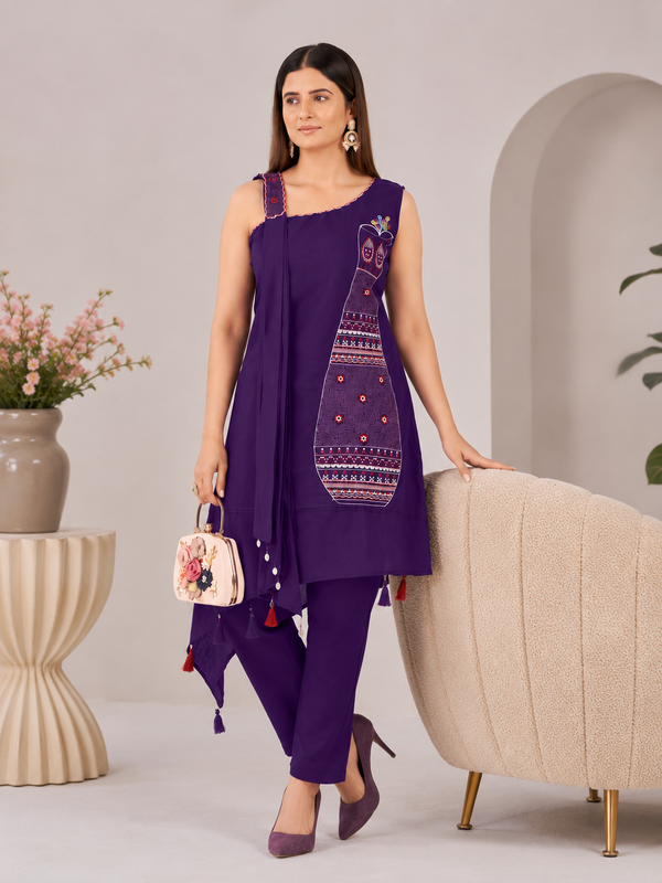 Royal Purple Asymmetric Pure Cotton Kutchi Bharat Kurta Pant Set