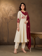 Cream and Maroon Roman Glass Silk Embroidered Anarkali Set with Dupatta.