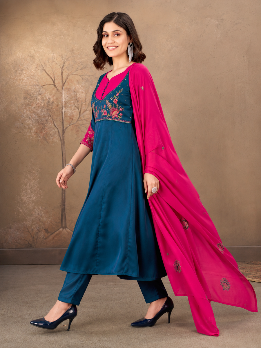 Teal Blue and Rani Pink Roman Glass Silk Embroidered Anarkali Set with Dupatta.