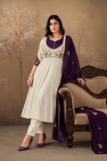 Cream and Wine Roman Glass Silk Embroidered Anarkali Set with Dupatta