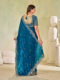 Teal Blue Fendy Satin Embroidered Saree with Stitched Sequin Blouse