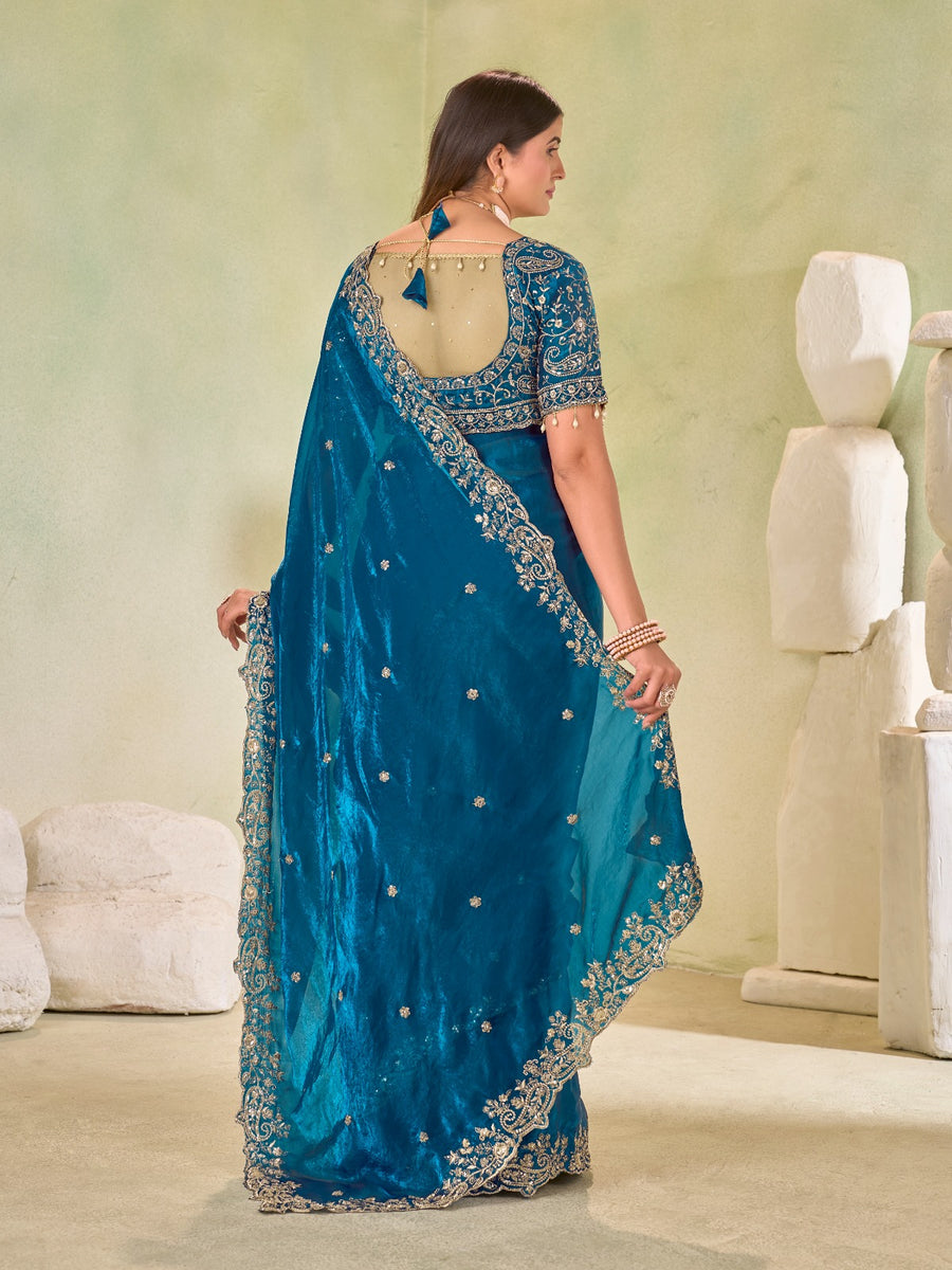 Teal Blue Fendy Satin Embroidered Saree with Stitched Sequin Blouse