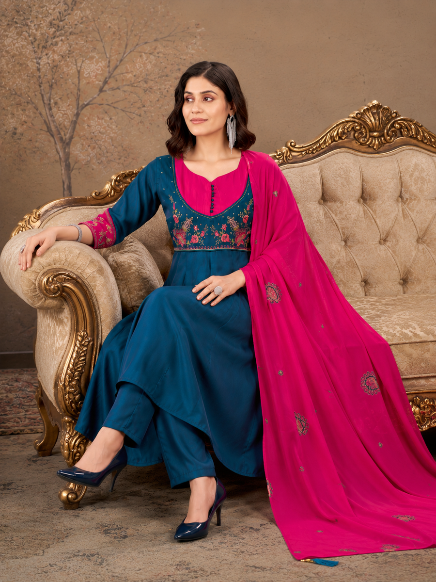 Teal Blue and Rani Pink Roman Glass Silk Embroidered Anarkali Set with Dupatta.