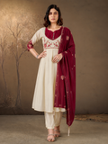 Cream and Maroon Roman Glass Silk Embroidered Anarkali Set with Dupatta.