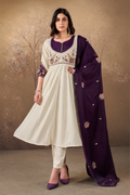 Cream and Wine Roman Glass Silk Embroidered Anarkali Set with Dupatta