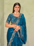 Teal Blue Fendy Satin Embroidered Saree with Stitched Sequin Blouse