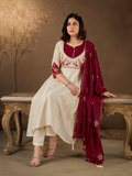 Cream and Maroon Roman Glass Silk Embroidered Anarkali Set with Dupatta.