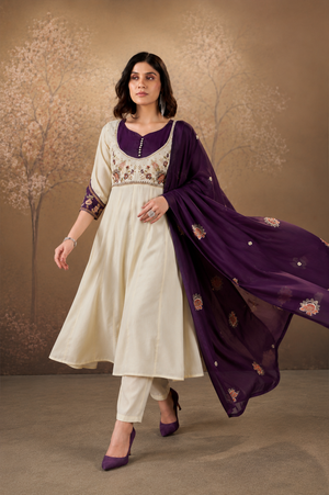 Cream and Wine Roman Glass Silk Embroidered Anarkali Set with Dupatta