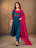 Teal Blue and Rani Pink Roman Glass Silk Embroidered Anarkali Set with Dupatta.