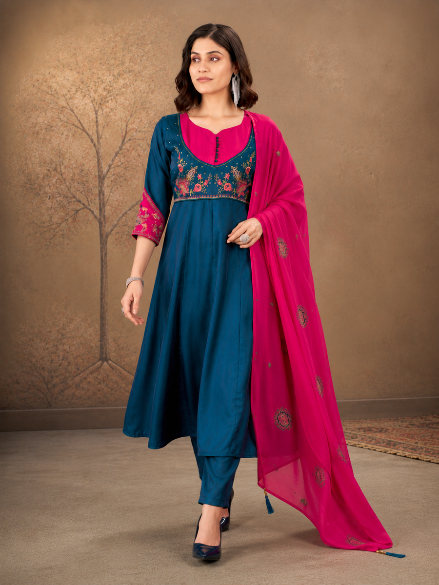 Teal Blue and Rani Pink Roman Glass Silk Embroidered Anarkali Set with Dupatta.