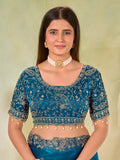 Teal Blue Fendy Satin Embroidered Saree with Stitched Sequin Blouse
