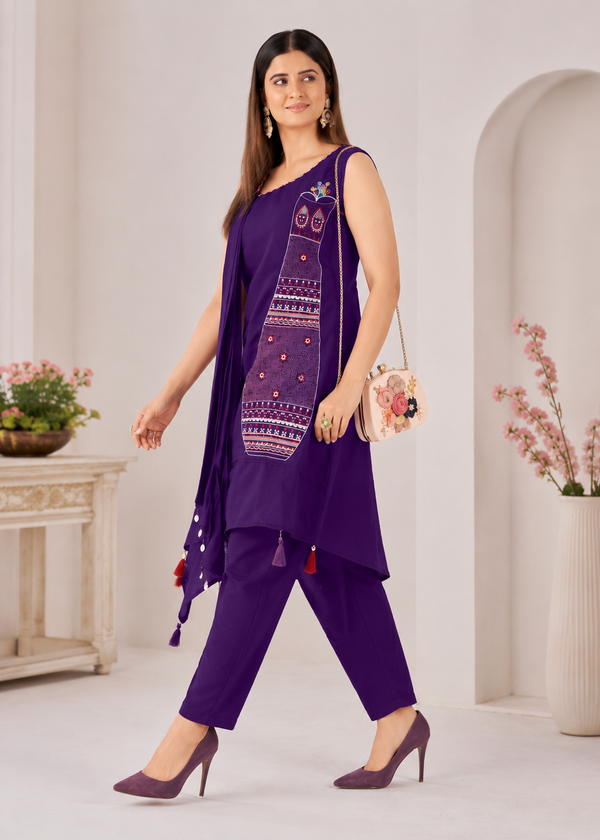 Royal Purple Asymmetric Pure Cotton Kutchi Bharat Kurta Pant Set