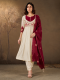 Cream and Maroon Roman Glass Silk Embroidered Anarkali Set with Dupatta.