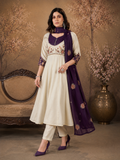 Cream and Wine Roman Glass Silk Embroidered Anarkali Set with Dupatta