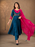 Teal Blue and Rani Pink Roman Glass Silk Embroidered Anarkali Set with Dupatta.