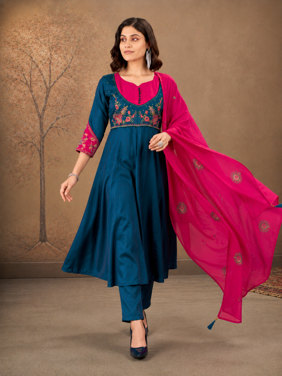 Teal Blue and Rani Pink Roman Glass Silk Embroidered Anarkali Set with Dupatta.