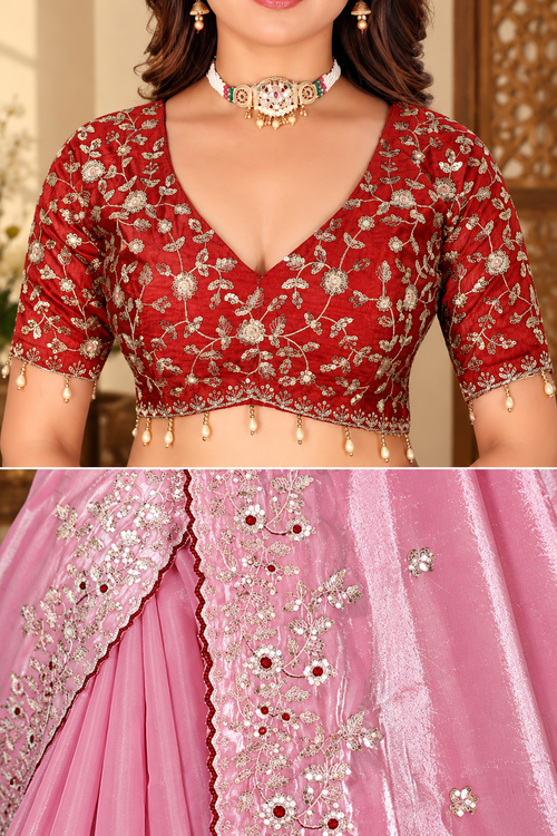 Dusty Pink Fandy Silk Saree with Maroon Embroidered Blouse