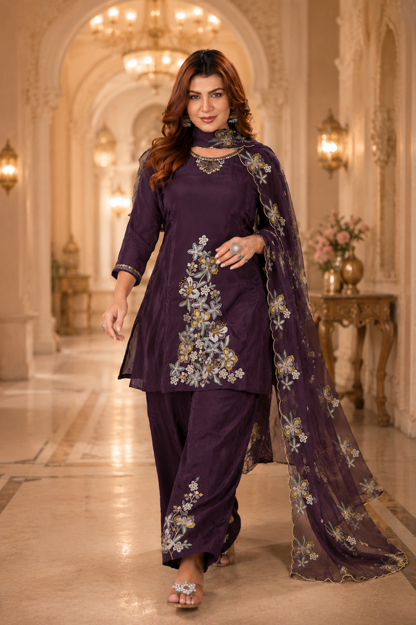 Deep Wine Pure Natural Crepe Embroidered Kurta Set with Palazzo and Organza Dupatta