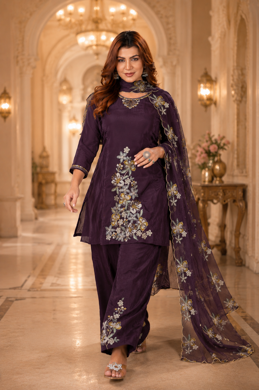 Deep Wine Pure Natural Crepe Embroidered Kurta Set with Palazzo and Organza Dupatta