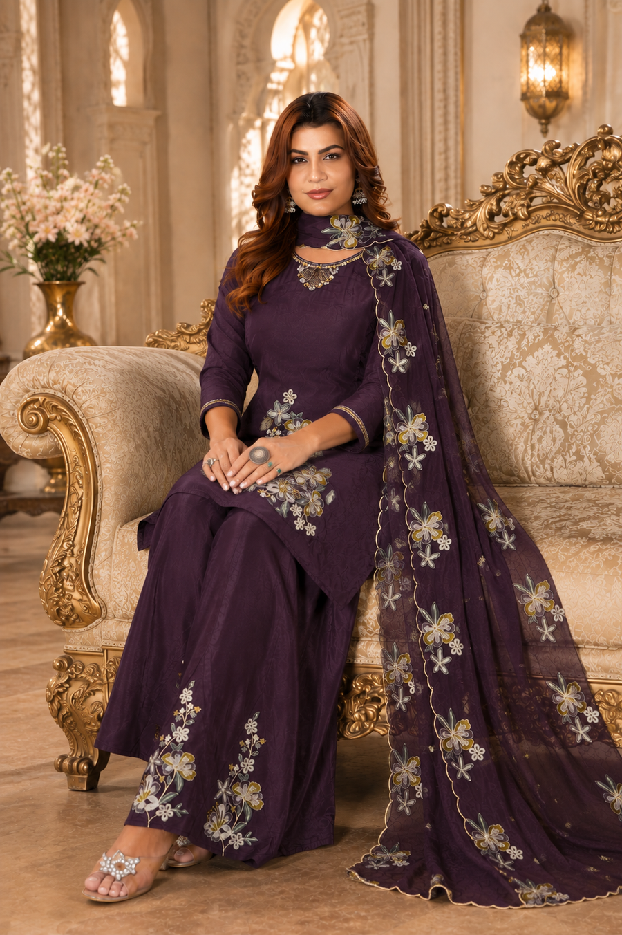 Deep Wine Pure Natural Crepe Embroidered Kurta Set with Palazzo and Organza Dupatta