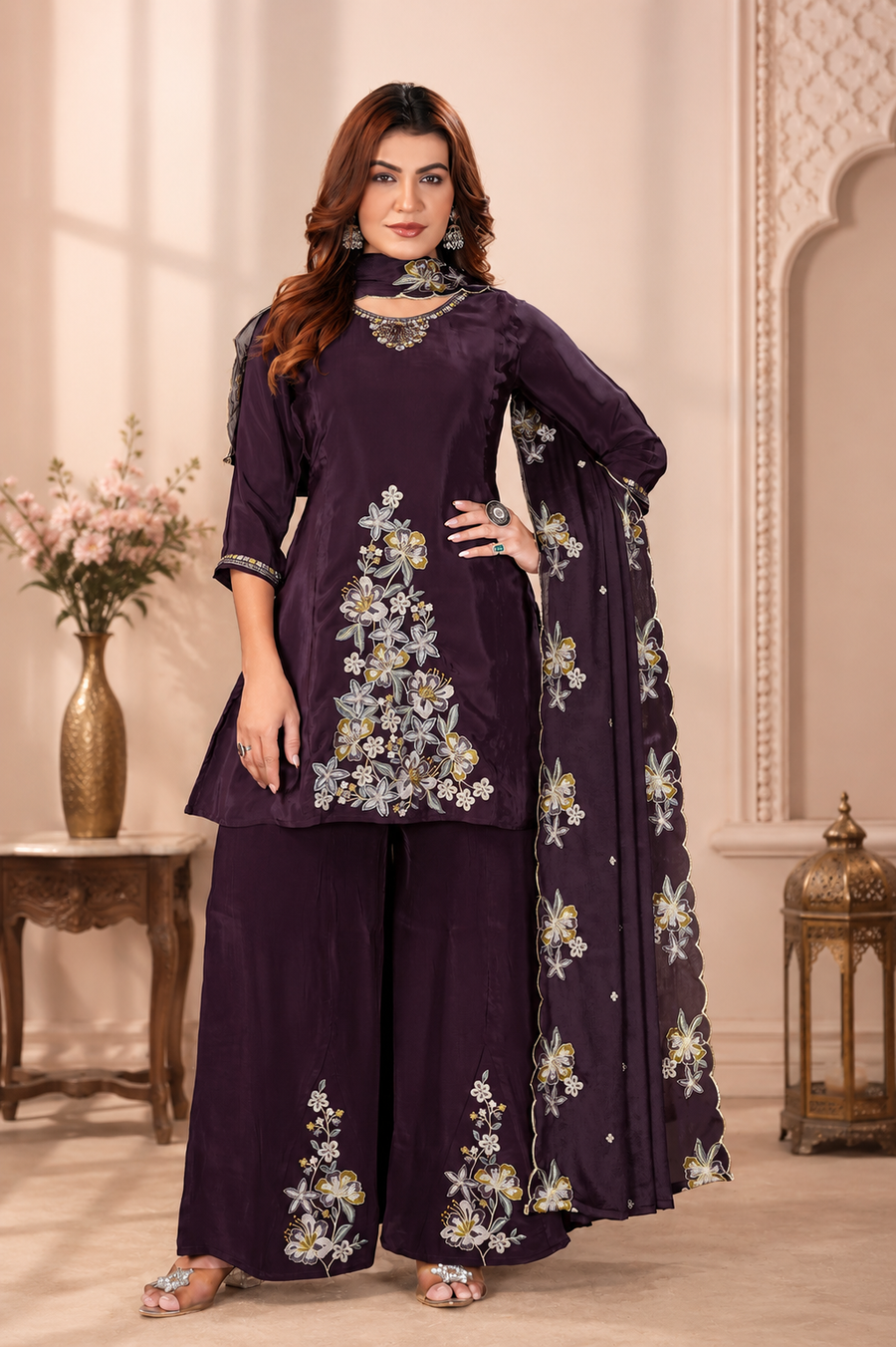Deep Wine Pure Natural Crepe Embroidered Kurta Set with Palazzo and Organza Dupatta