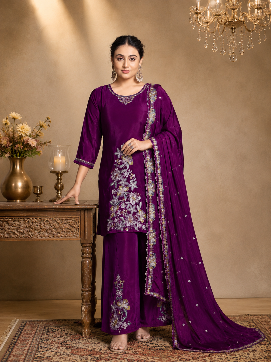 Deep Purple Pure Natural Crepe Embroidered Asymmetric Kurta Set with Palazzo and Scalloped Dupatta