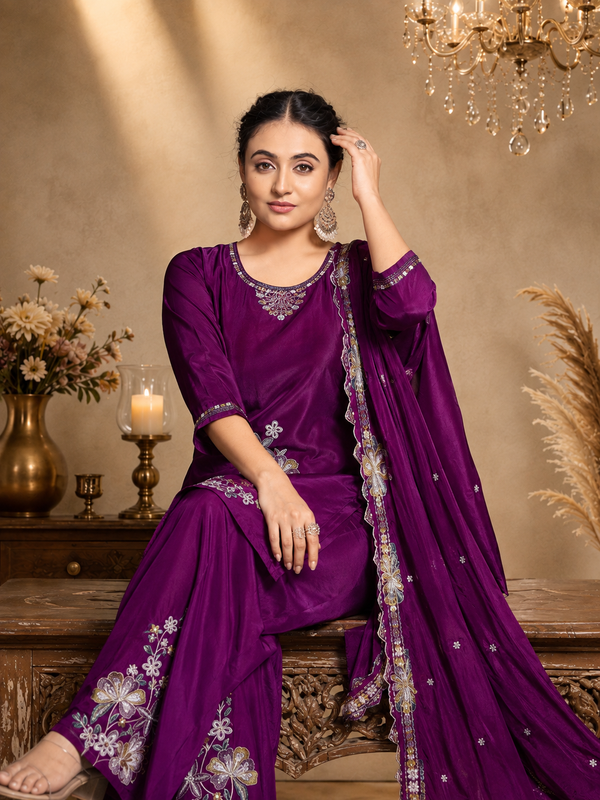 Deep Purple Pure Natural Crepe Embroidered Asymmetric Kurta Set with Palazzo and Scalloped Dupatta