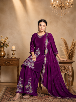 Deep Purple Pure Natural Crepe Embroidered Asymmetric Kurta Set with Palazzo and Scalloped Dupatta