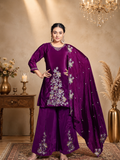 Deep Purple Pure Natural Crepe Embroidered Asymmetric Kurta Set with Palazzo and Scalloped Dupatta