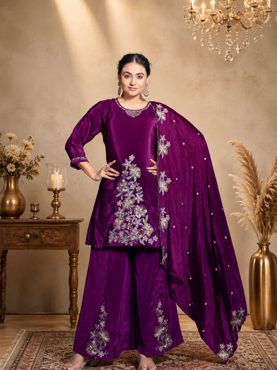 Deep Purple Pure Natural Crepe Embroidered Asymmetric Kurta Set with Palazzo and Scalloped Dupatta