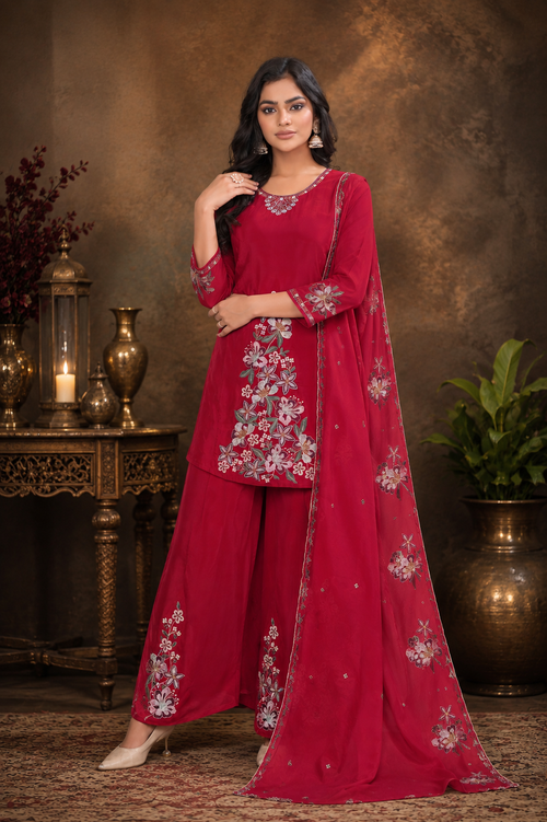 Cherry Red Pure Natural Crepe Floral Embroidered Kurta Set with Flared Palazzos and Dupatta