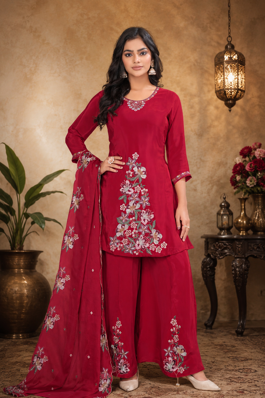 Cherry Red Pure Natural Crepe Floral Embroidered Kurta Set with Flared Palazzos and Dupatta