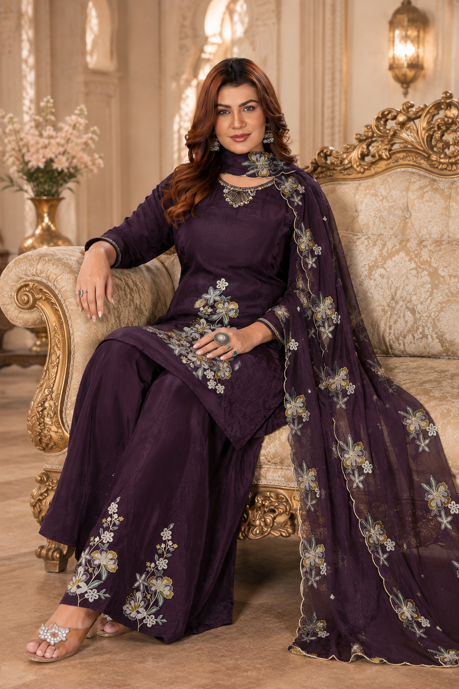 Deep Wine Pure Natural Crepe Embroidered Kurta Set with Palazzo and Organza Dupatta