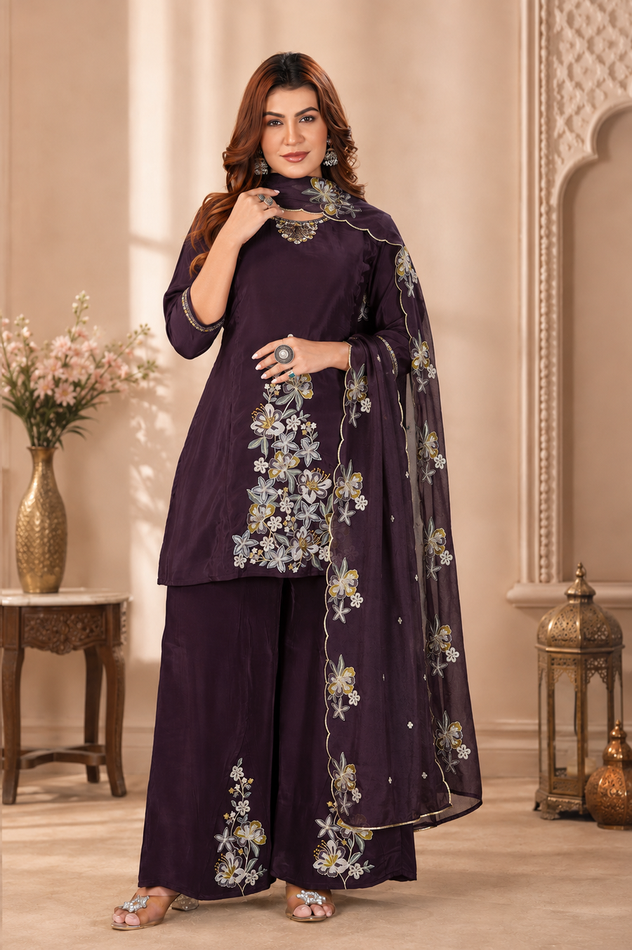 Deep Wine Pure Natural Crepe Embroidered Kurta Set with Palazzo and Organza Dupatta