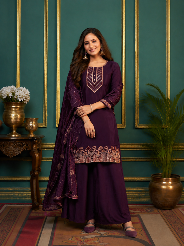 Wine Purple Natural Crepe Embroidered Kurta Set