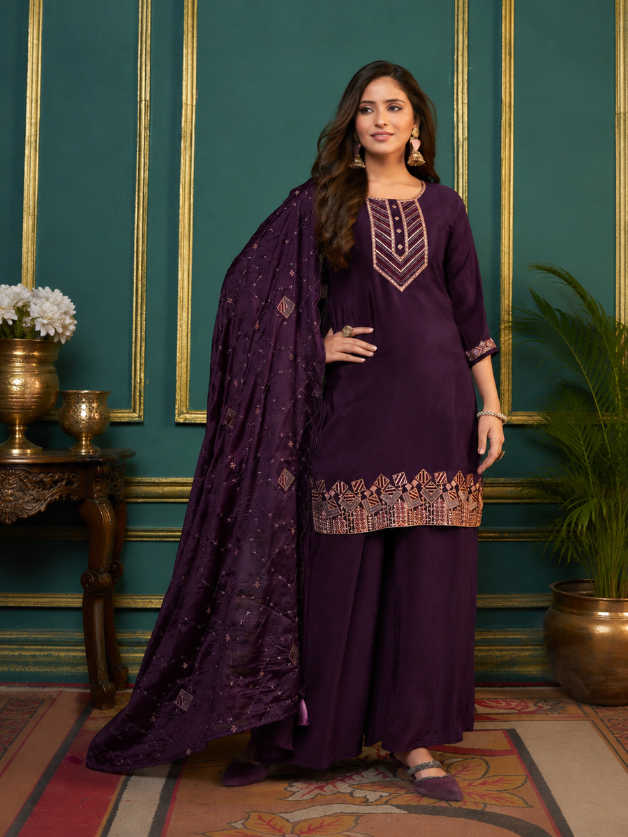 Wine Purple Natural Crepe Embroidered Kurta Set