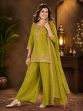 Olive Green Natural Crepe Embroidered Kurta Set with Palazzo and Scalloped Dupatta