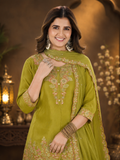 Olive Green Natural Crepe Embroidered Kurta Set with Palazzo and Scalloped Dupatta