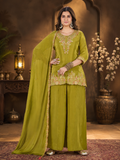 Olive Green Natural Crepe Embroidered Kurta Set with Palazzo and Scalloped Dupatta