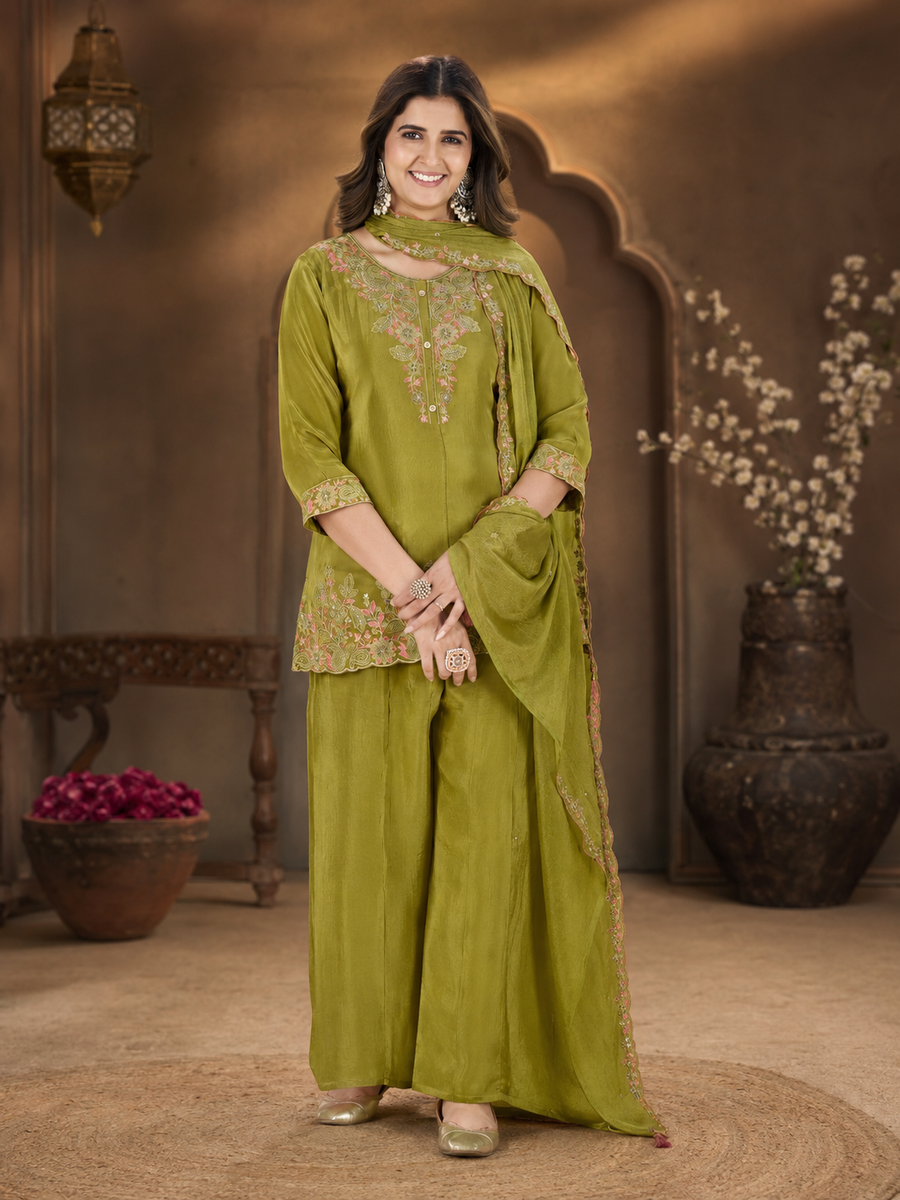 Olive Green Natural Crepe Embroidered Kurta Set with Palazzo and Scalloped Dupatta