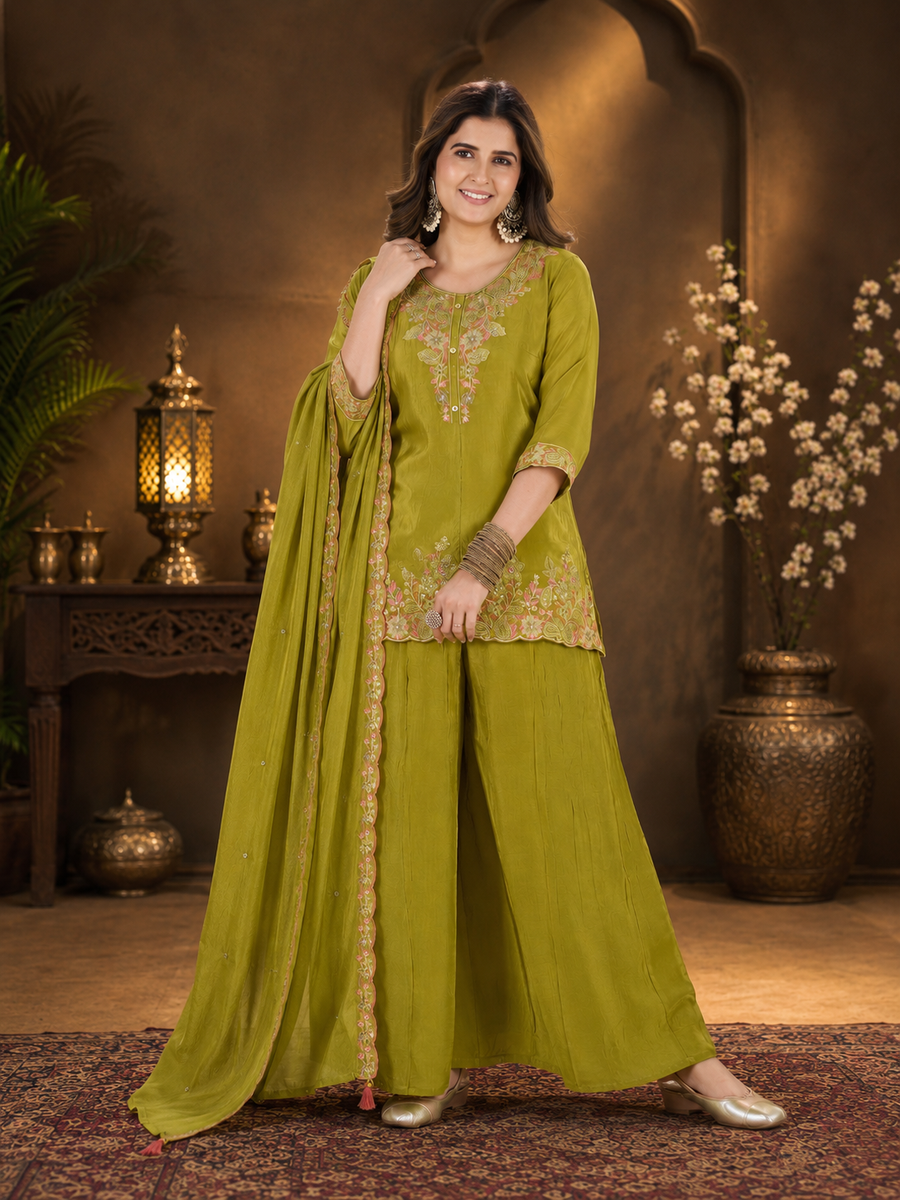 Olive Green Natural Crepe Embroidered Kurta Set with Palazzo and Scalloped Dupatta